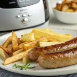Zwei goldbraune Bratwürste mit Pommes Frites, frisch aus dem Airfryer. Dazu ein Schälchen Ketchup.