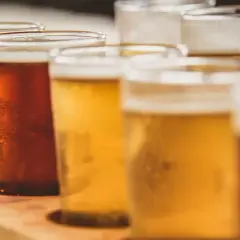 Bierprobe mit verschiedenen Sorten, von hellem Lager bis dunklem Ale. Ein Genuss für Bierliebhaber, die die Vielfalt der 35 ibu hopfung erleben möchten.
