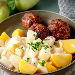 Herzhafte Frikadellen mit Kartoffeln und Kohlrabi in cremiger Sahnesauce, garniert mit Petersilie.