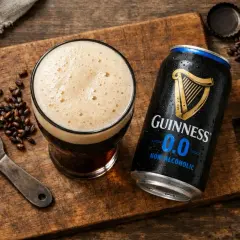 Guinness 0.0 Dose und Glas mit Schaum, daneben geröstete Gerstenkörner und ein Flaschenöffner. Weniger Kalorien, gleicher Geschmack.