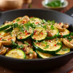 Zucchini Pilz Pfanne mit Sesam und Chili. Ein köstliches Gericht, das schnell zubereitet ist und wunderbar schmeckt.