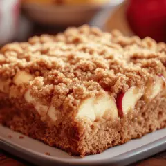 Ein Stück saftiger Landfrauen Kuchen vom Blech mit Äpfeln und Streuseln, bereit zum Genießen.