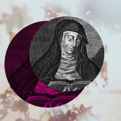 Hildegard von Bingen, im Stil eines alten Stichs, liest ein Buch. Das Originalbild ist in einen Kreis mit lila Akzenten eingefügt.