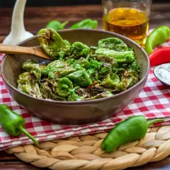 Gebratene Pimientos de Padrón, ein einfaches und leckeres Rezept. Mit grobem Salz bestreut, serviert mit Olivenöl und frischen Kräutern.