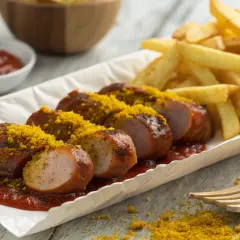 Eine leckere Currywurst, in Stücke geschnitten, mit Pommes und Ketchup. Das Currypulver wurde großzügig über die Wurst gestreut.