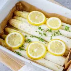 Zubereitung gefrorener Spargel im Backofen: Weißer Spargel mit Zitronenscheiben und Petersilie in einer Auflaufform.