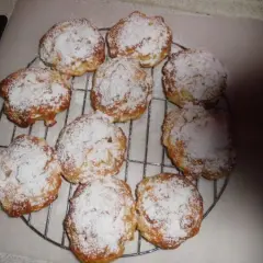 Saftige Apfeltaler mit Quark, bestäubt mit Puderzucker, auf einem Kuchengitter.
