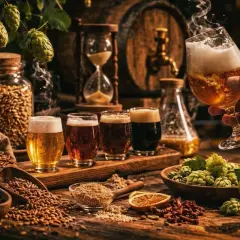 Ein Mann hält ein Glas Bier, um den vollen Bier Geschmack zu genießen. Daneben stehen weitere Biere, Hopfen und Malz.