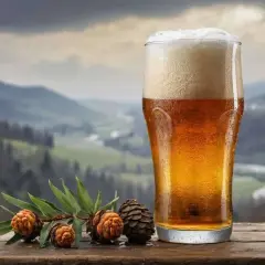 Ein kühles Bier ohne Hopfen, mit Zapfen und Tannenzweigen auf einem Holztisch vor einer Berglandschaft.