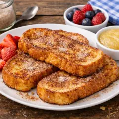 Armer ritter rezept original: goldbraune Toastscheiben mit Zimt & Zucker, dazu Erdbeeren, Apfelmus und Beeren.