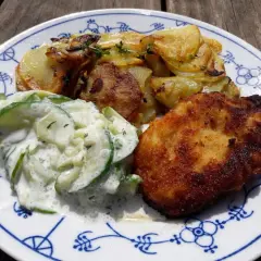Ein knuspriges Schnitzel mit goldbraunen Ofenkartoffeln und einem cremigen Gurkensalat auf einem blauen Zwiebelmuster-Teller.