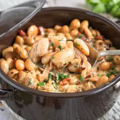 Ein Löffel voller **frische dicke bohnen mit speck und zwiebeln** aus einem braunen Topf, garniert mit Petersilie.