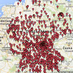 Karte von Deutschland mit vielen roten Markierungen, die die Frage beantworten, wie viele Biersorten es in Deutschland gibt.