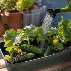 Gartengewächs mit kleinen Gurken und gelben Blüten wird gegossen. Bald kann man die Gurke raspeln.