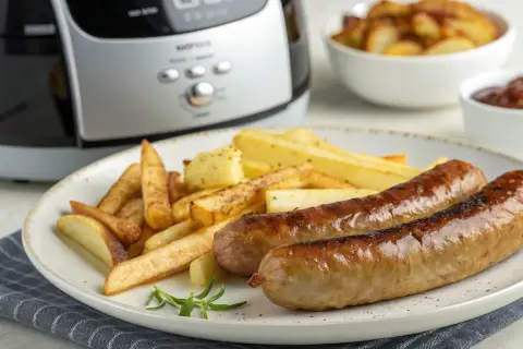 Zwei goldbraune Bratwürste mit Pommes Frites, frisch aus dem Airfryer. Dazu ein Schälchen Ketchup.