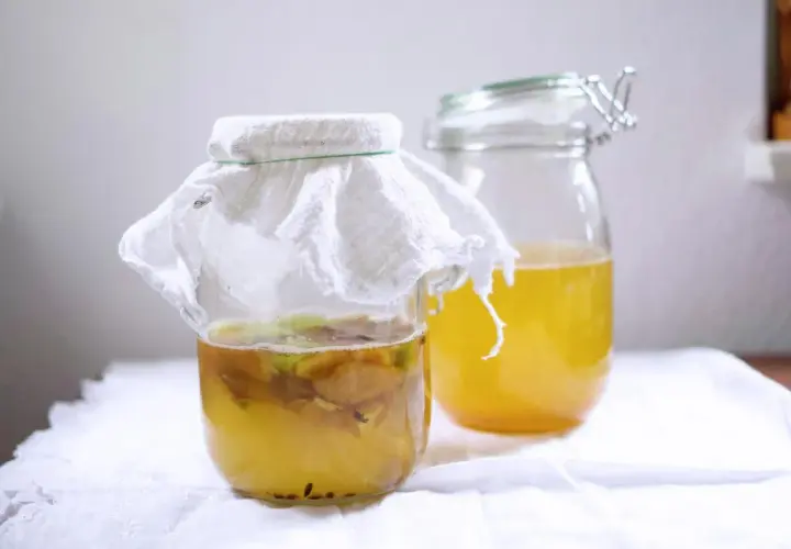 Zwei Gläser mit gelblicher Flüssigkeit. Im vorderen Glas schwimmen Apfelstücke unter einem weißen Tuch. Hier wird Apfelessig selber gemacht.