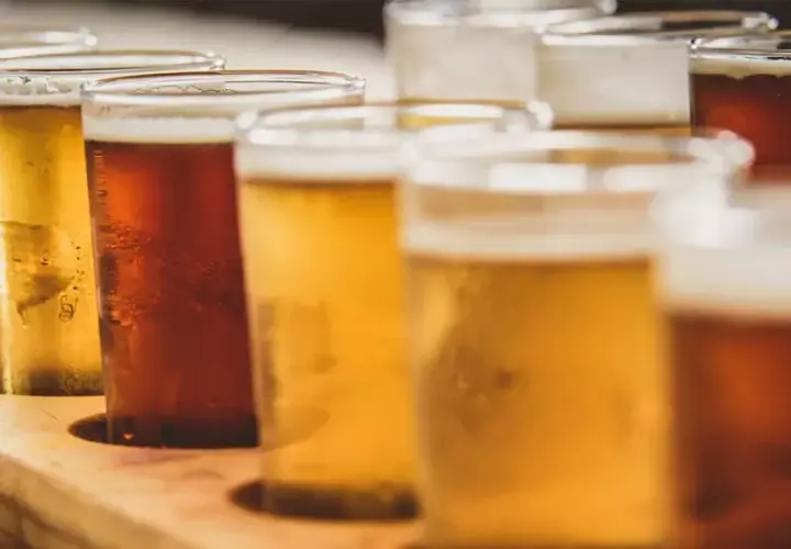 Bierprobe mit verschiedenen Sorten, von hellem Lager bis dunklem Ale. Ein Genuss für Bierliebhaber, die die Vielfalt der 35 ibu hopfung erleben möchten.