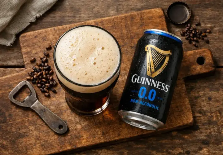 Guinness 0.0 Dose und Glas mit Schaum, daneben geröstete Gerstenkörner und ein Flaschenöffner. Weniger Kalorien, gleicher Geschmack.