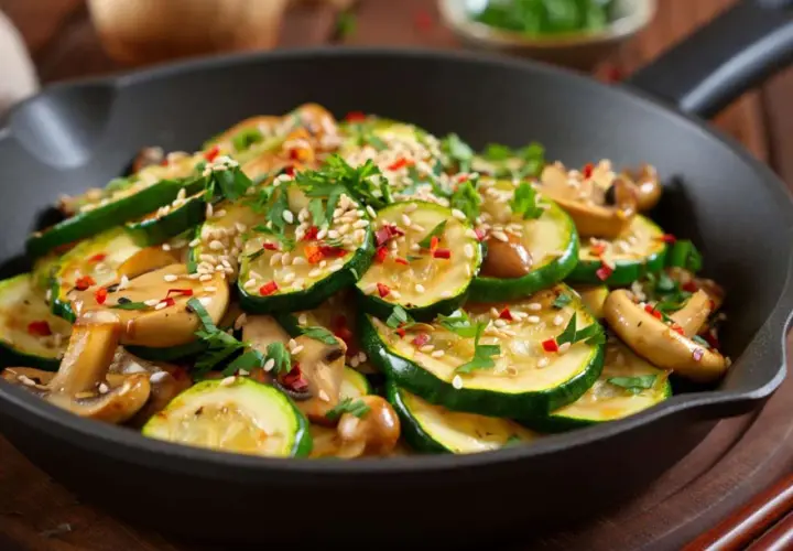 Zucchini Pilz Pfanne mit Sesam und Chili. Ein köstliches Gericht, das schnell zubereitet ist und wunderbar schmeckt.