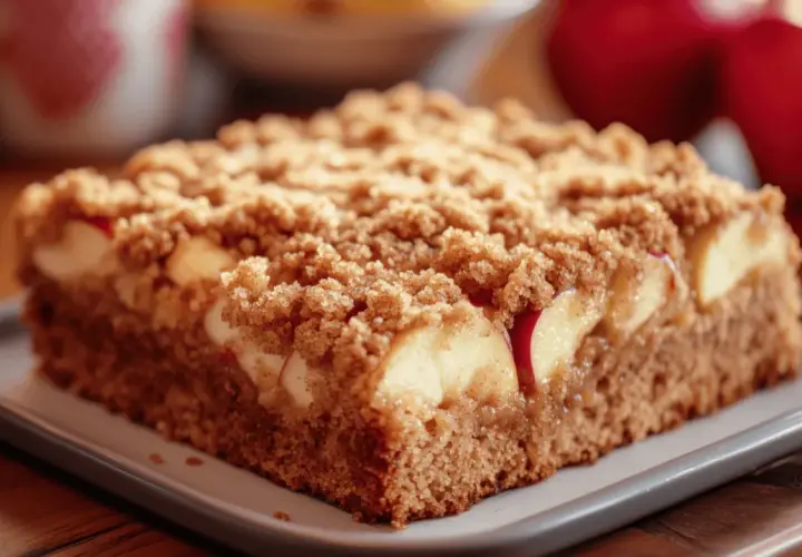 Ein Stück saftiger Landfrauen Kuchen vom Blech mit Äpfeln und Streuseln, bereit zum Genießen.
