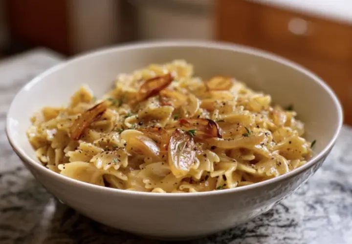 Schmetterlingsnudeln mit karamellisierten Zwiebeln und Kräutern. Ein Beweis für schnelle Rezepte mit Zwiebeln, die köstlich sind.