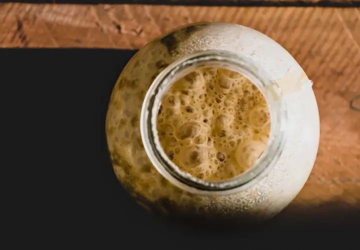 Blubbernder Sauerteig im Glas, voller aktiver Hefe und Bakterien, bereit zum Backen.