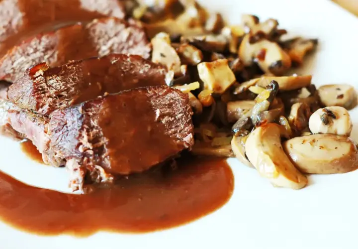 Geschnittenes Bratenfleisch mit Pilzen und einer dunklen Grundsauce.
