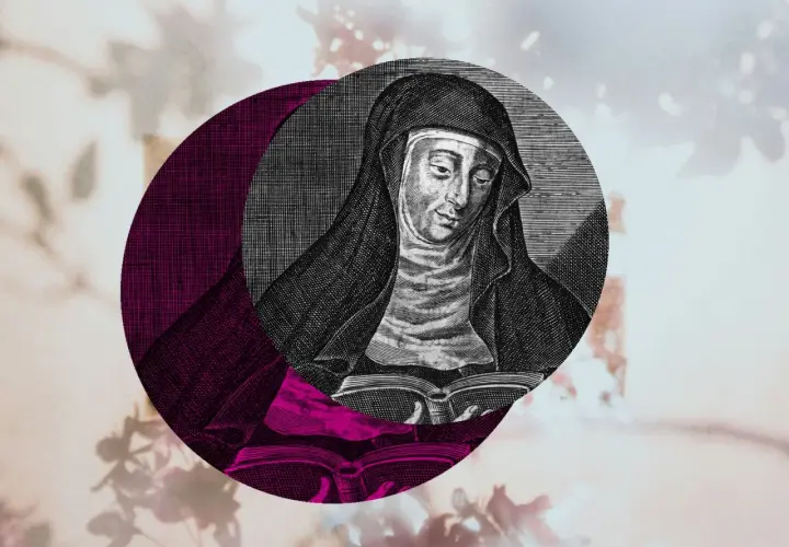 Hildegard von Bingen, im Stil eines alten Stichs, liest ein Buch. Das Originalbild ist in einen Kreis mit lila Akzenten eingefügt.