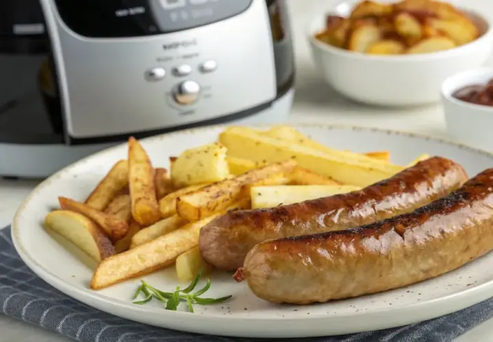 Zwei goldbraune Bratwürste mit Pommes Frites, frisch aus dem Airfryer. Dazu ein Schälchen Ketchup.