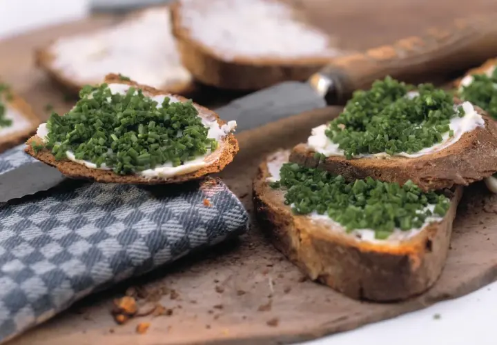 Schnittlauchcreme auf rustikalem Brot, garniert mit frischem Schnittlauch. Ein Genuss für jeden Tag.