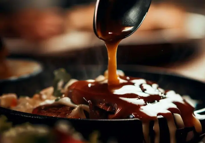 Ein Löffel übergießt ein Gericht mit einer glänzenden, dunklen Sauce. Ein köstliches dunkle sauce rezept zum Nachmachen.