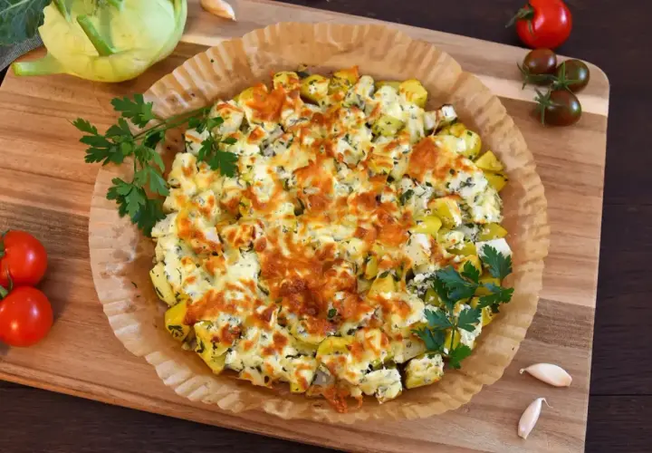 Herzhaft überbackener Kohlrabi-Auflauf mit Käse und Kräutern. Was passt zu Kohlrabi? Dieser Auflauf! Dazu frische Tomaten und Knoblauch.