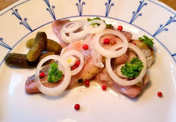 Matjesfilets mit Zwiebelringen, Dill und Gewürzgurken. Ein Gericht, das man auch an Aschermittwoch ohne Fleisch genießen kann.