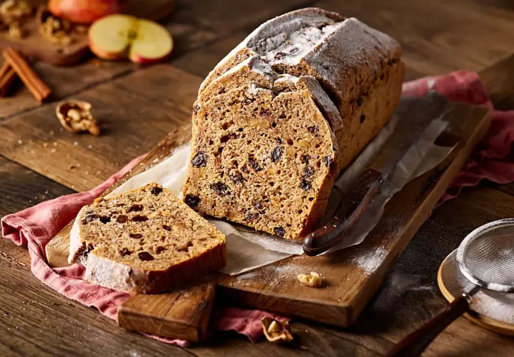 Ein saftiges Apfelbrot mit Rosinen und Nüssen, bestäubt mit Puderzucker. Perfekt für ein gemütliches Apfelbrot Rezept.