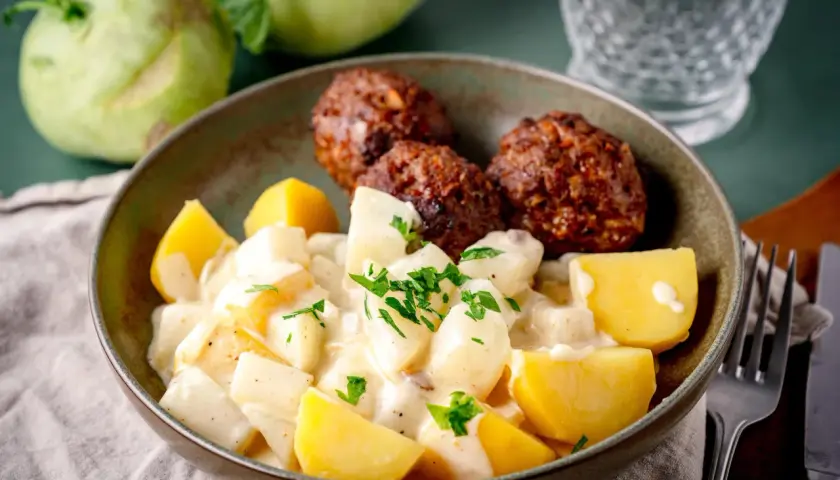 Herzhafte Frikadellen mit Kartoffeln und Kohlrabi in cremiger Sahnesauce, garniert mit Petersilie.