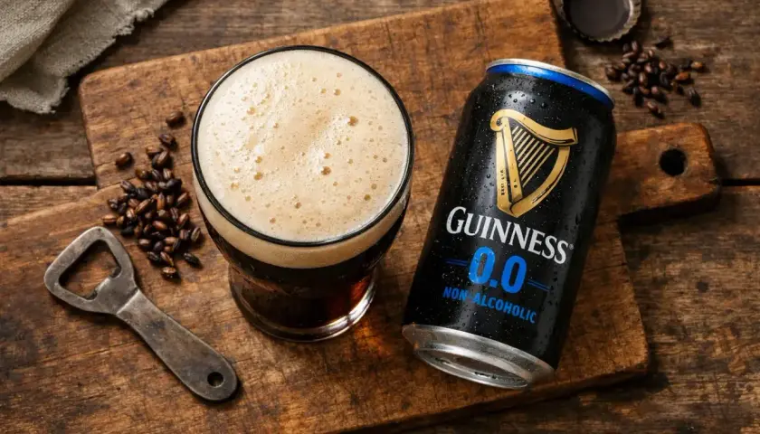 Guinness 0.0 Dose und Glas mit Schaum, daneben geröstete Gerstenkörner und ein Flaschenöffner. Weniger Kalorien, gleicher Geschmack.
