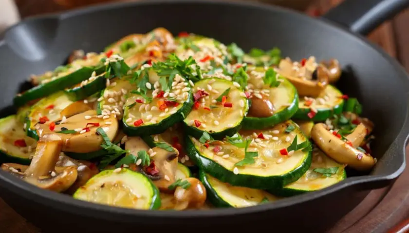 Zucchini Pilz Pfanne mit Sesam und Chili. Ein köstliches Gericht, das schnell zubereitet ist und wunderbar schmeckt.