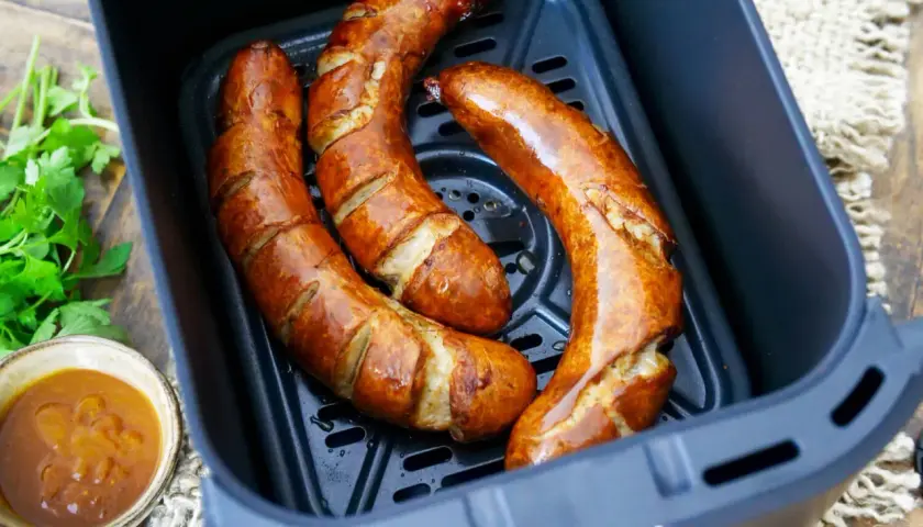 Drei goldbraune Bratwürste in der Friteuse, bereit zum Genießen. Daneben eine Schale mit Dip und frische Petersilie.
