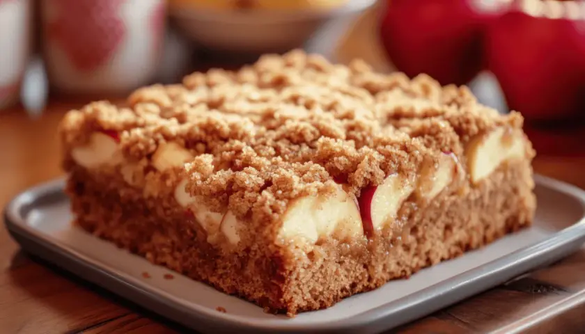 Ein Stück saftiger Landfrauen Kuchen vom Blech mit Äpfeln und Streuseln, bereit zum Genießen.
