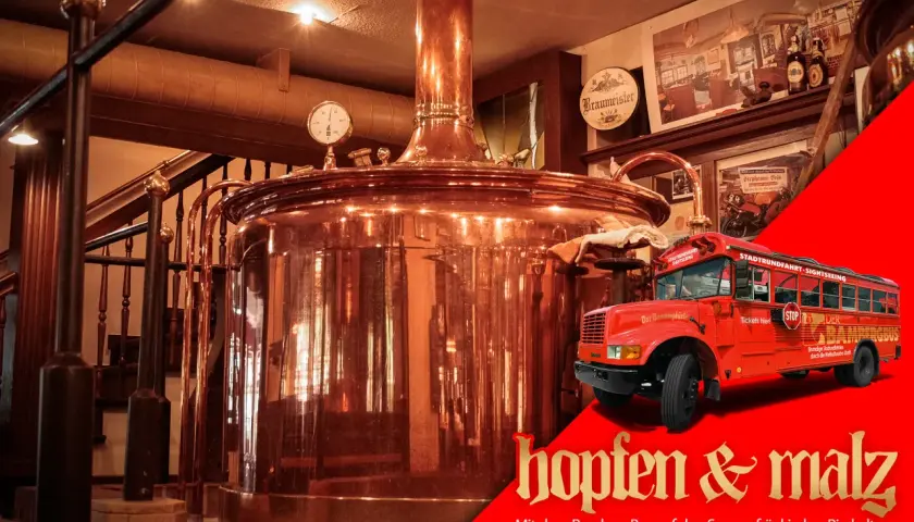 Kupferne Braukessel und ein roter BambergBus versprechen das beste Bier in Bamberg. Hopfen & Malz – fränkische Bierkultur erleben!