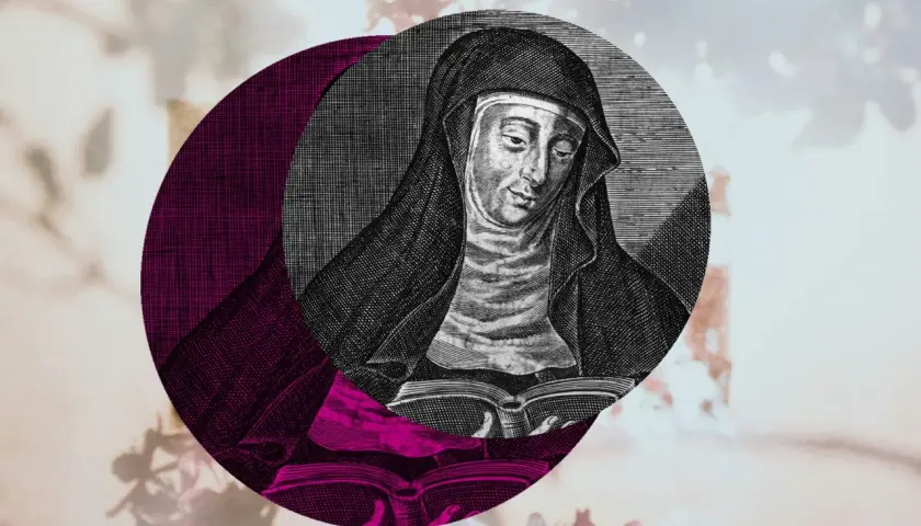 Hildegard von Bingen, im Stil eines alten Stichs, liest ein Buch. Das Originalbild ist in einen Kreis mit lila Akzenten eingefügt.