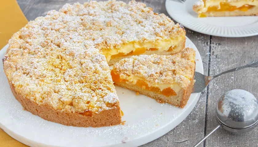 Saftiger aprikosenkuchen mit pudding und Streuseln, bestäubt mit Puderzucker. Ein Stück wird gerade serviert.