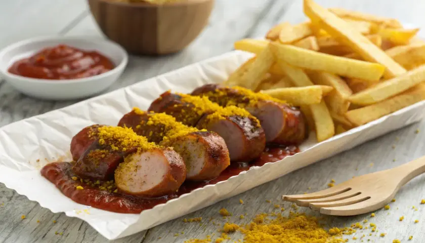 Eine leckere Currywurst, in Stücke geschnitten, mit Pommes und Ketchup. Das Currypulver wurde großzügig über die Wurst gestreut.