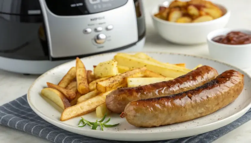 Zwei goldbraune Bratwürste mit Pommes Frites, frisch aus dem Airfryer. Dazu ein Schälchen Ketchup.