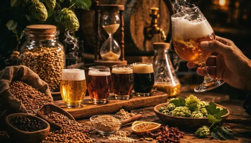 Ein Mann hält ein Glas Bier, um den vollen Bier Geschmack zu genießen. Daneben stehen weitere Biere, Hopfen und Malz.
