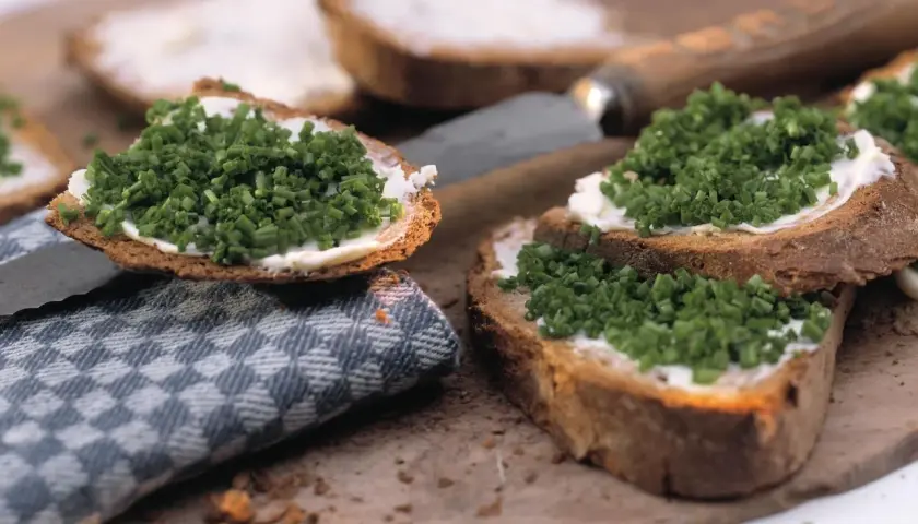 Schnittlauchcreme auf rustikalem Brot, garniert mit frischem Schnittlauch. Ein Genuss für jeden Tag.