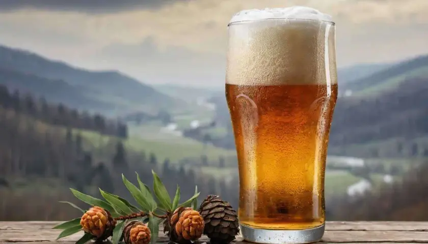 Ein kühles Bier ohne Hopfen, mit Zapfen und Tannenzweigen auf einem Holztisch vor einer Berglandschaft.