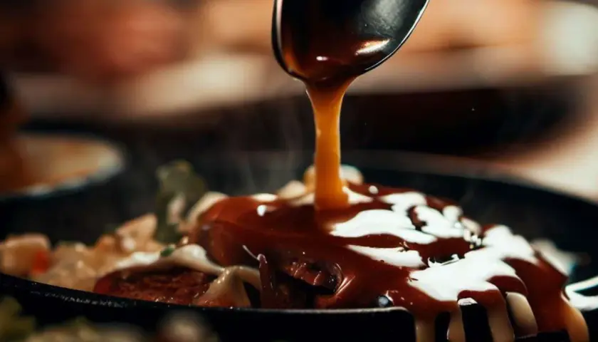 Ein Löffel übergießt ein Gericht mit einer glänzenden, dunklen Sauce. Ein köstliches dunkle sauce rezept zum Nachmachen.
