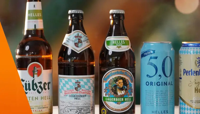 Helles Bier Marken: Flaschen und Dose mit hellen Biersorten wie Tegernseer Hell, Augustiner Lagerbier Hell und Helles 5.0.