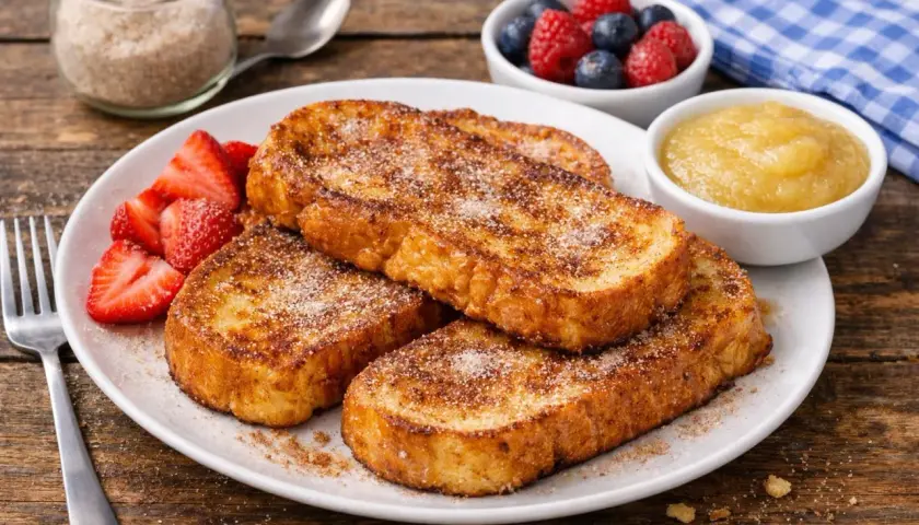 Armer ritter rezept original: goldbraune Toastscheiben mit Zimt & Zucker, dazu Erdbeeren, Apfelmus und Beeren.